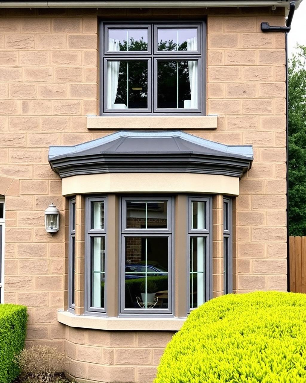 Sandstone semi in Bearsden with resprayed anthracite bay window.
