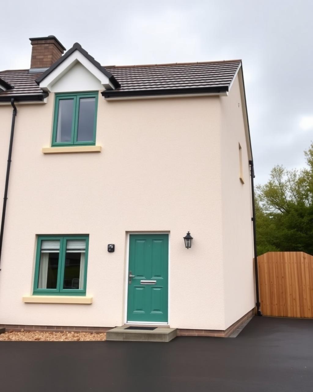Modern rendered semi with resprayed fir green uPVC windows and matching front door.