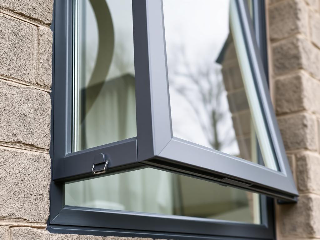 Close-up of a resprayed anthracite grey uPVC casement window on a sandstone home.