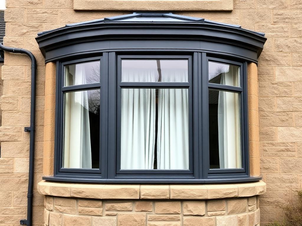 Three-facet uPVC bay window resprayed anthracite grey on a Scottish semi-detached home.