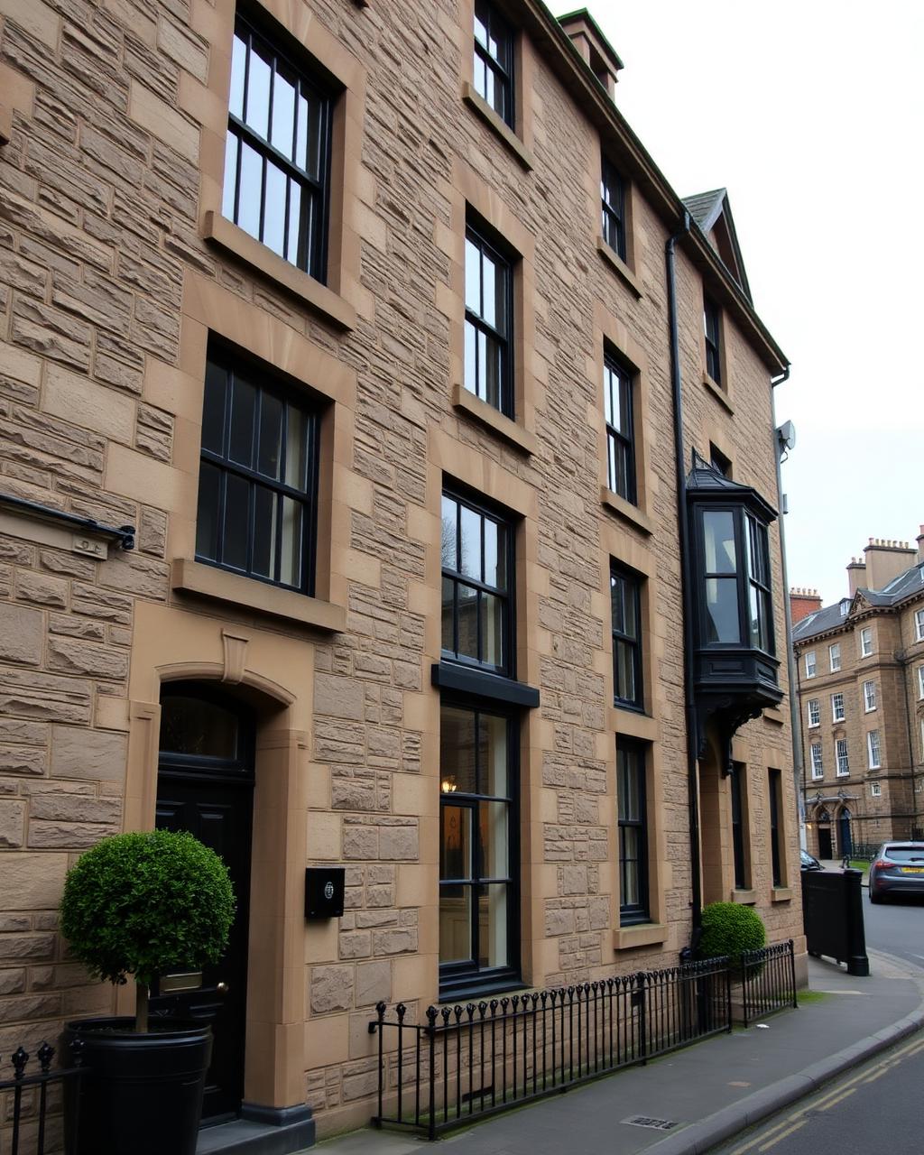Edinburgh stone terrace townhouse with resprayed jet black sash windows.