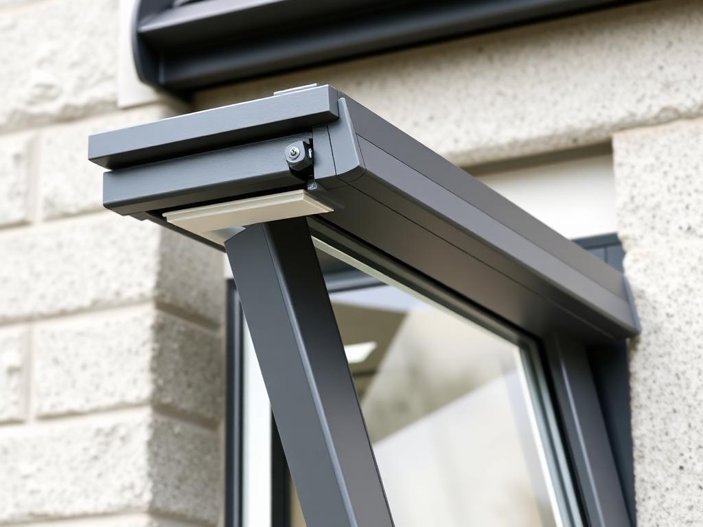 Anthracite uPVC tilt-and-turn window showing the top-hinge mechanism after respray.