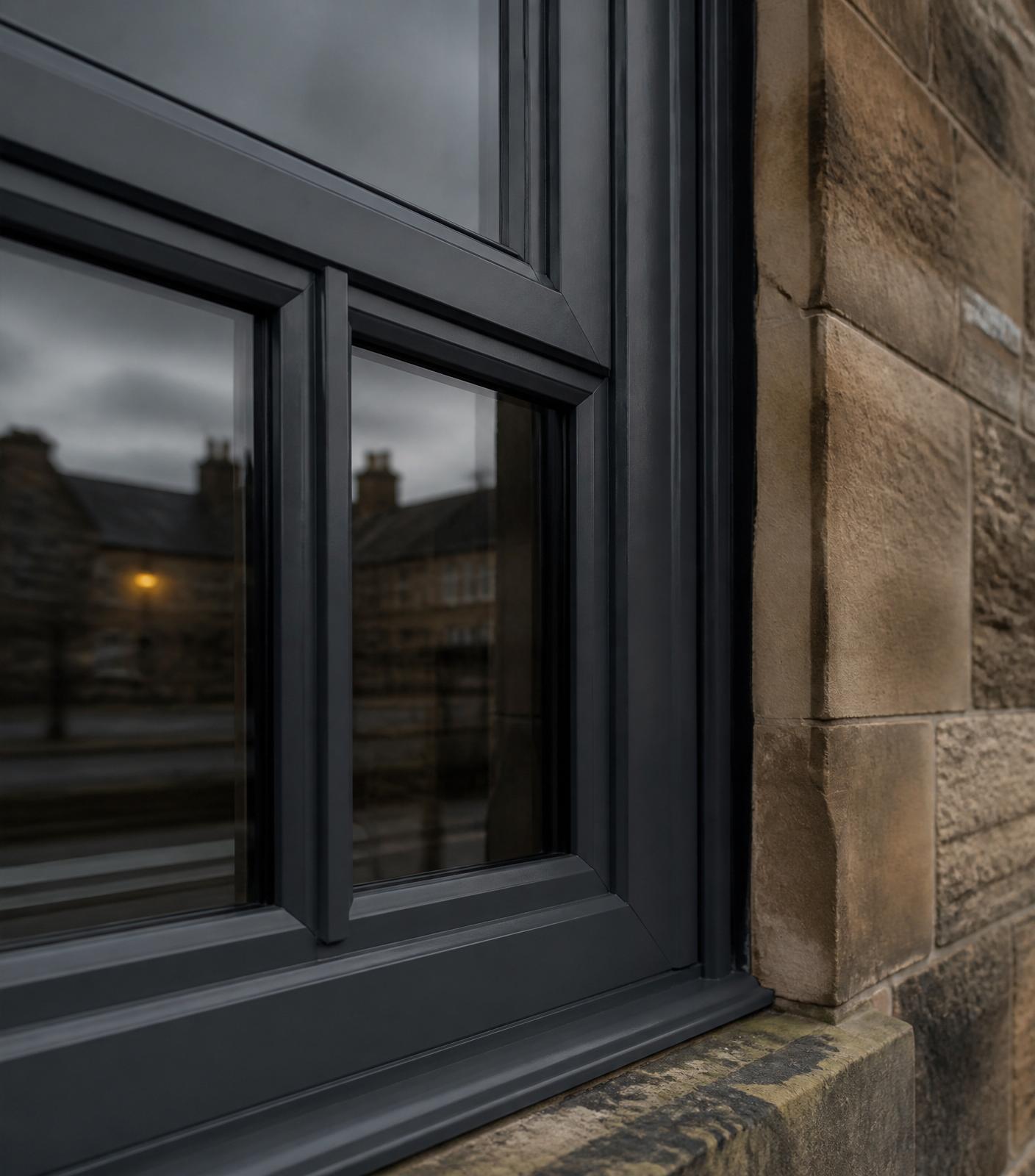 Close-up of a uPVC bay window resprayed in RAL 7016 Anthracite Grey on a Glasgow sandstone home