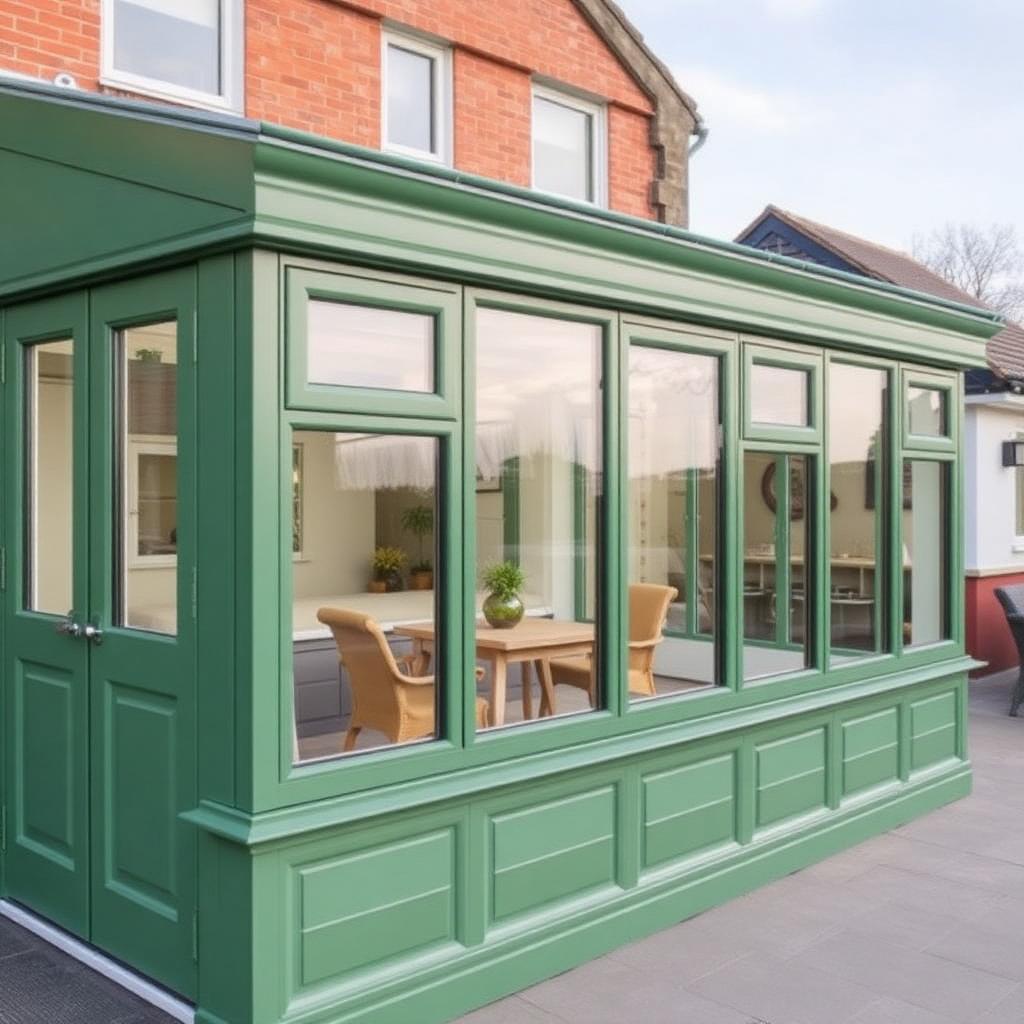 Chartwell green lean-to uPVC conservatory on a Newton Mearns extension.