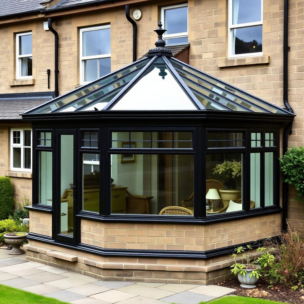 Jet black Edwardian uPVC conservatory on an Edinburgh sandstone home.