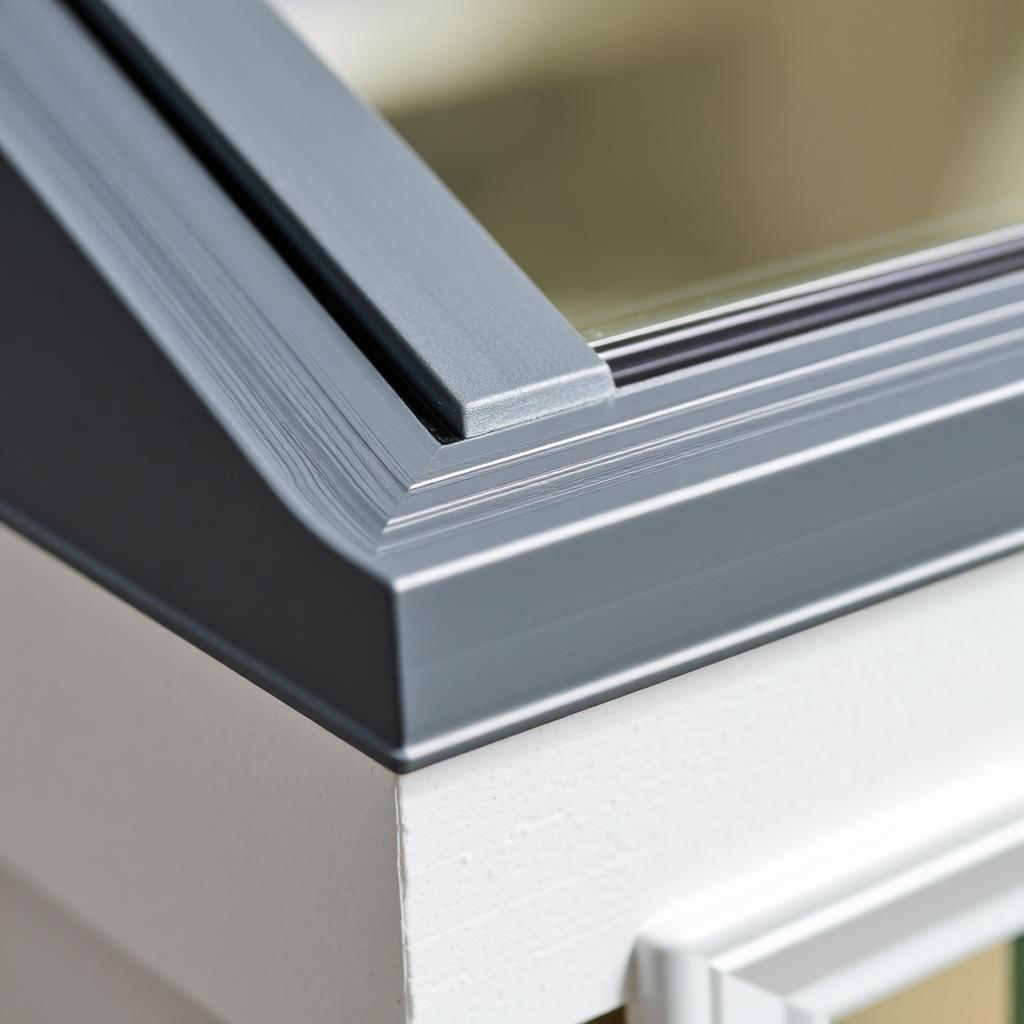 Close-up of a resprayed anthracite uPVC conservatory corner joint post-cure.