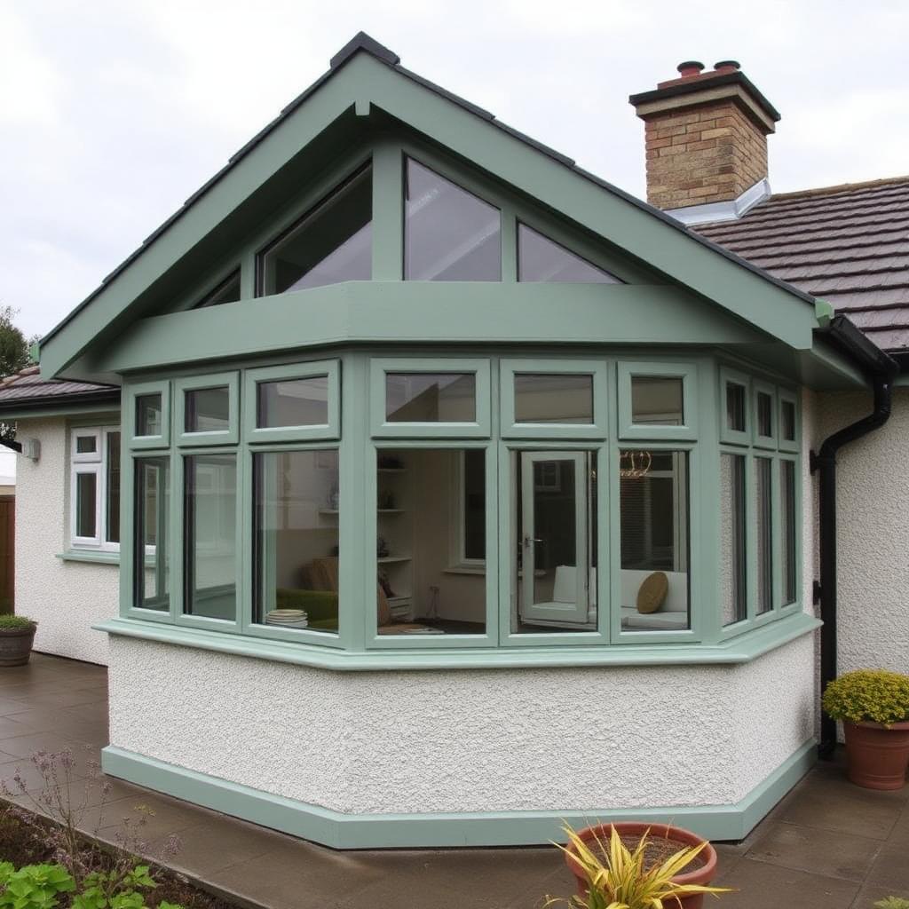 Sage green P-shape uPVC conservatory on a Milngavie bungalow.
