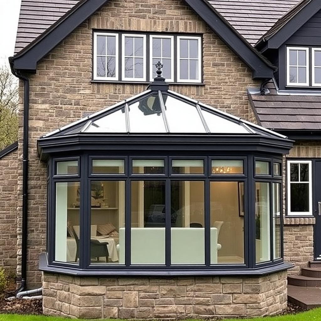 Anthracite grey gable-end uPVC conservatory on an Aberdeen granite home.
