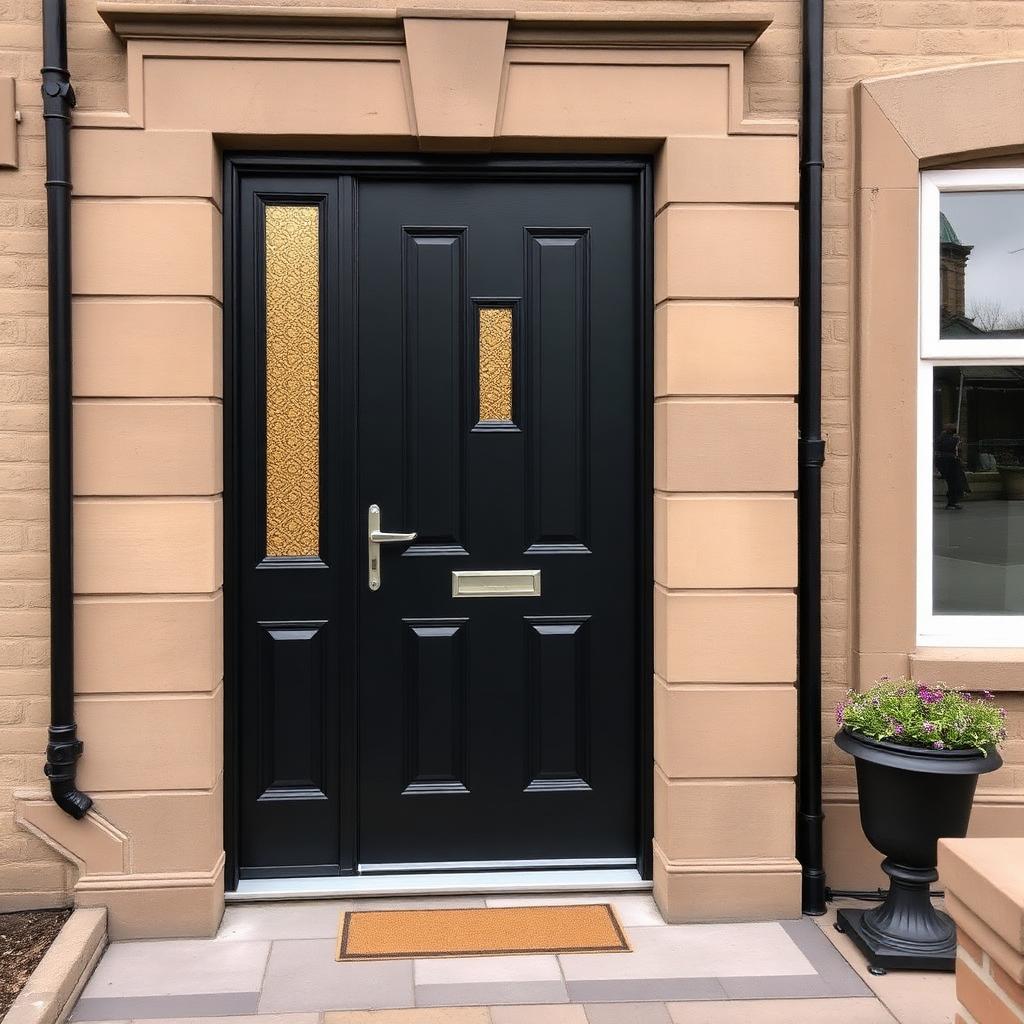 Jet black composite front door on a Bearsden sandstone villa.