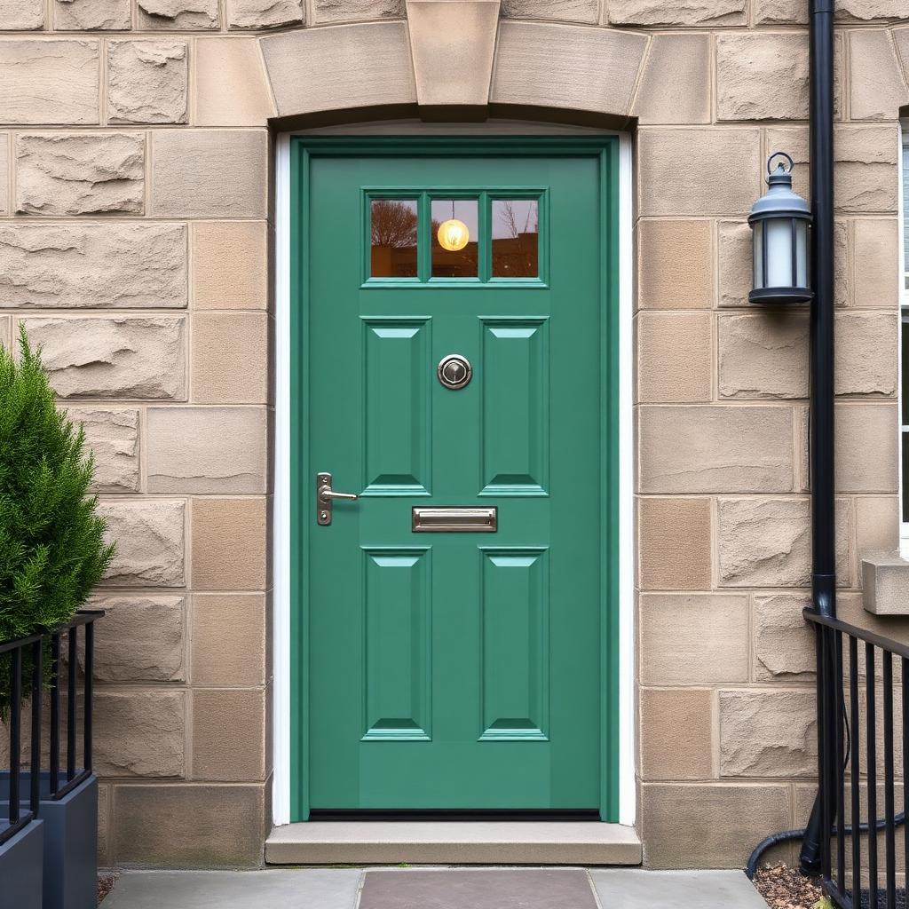 Chartwell green uPVC front door with side glazing on an Edinburgh New Town townhouse.