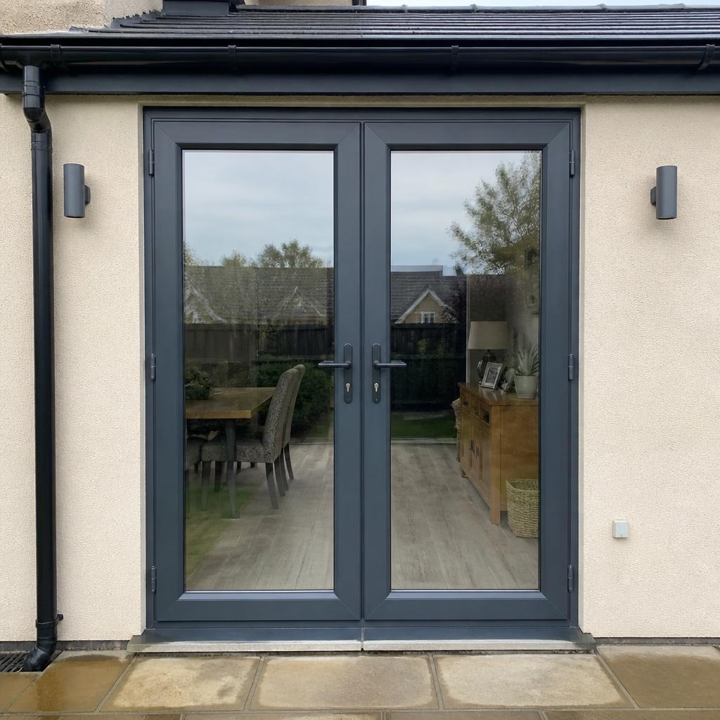 Anthracite grey uPVC French doors on a Newton Mearns rendered extension.