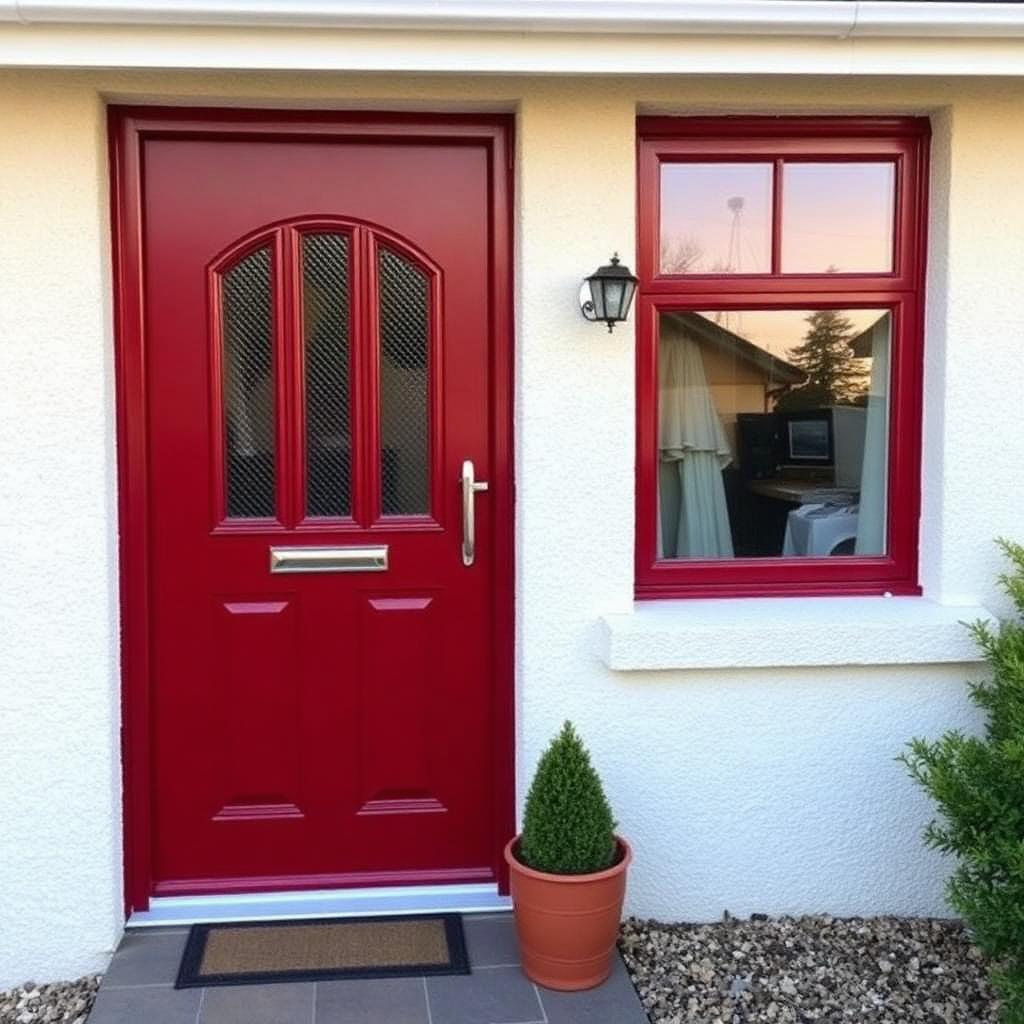 Deep red uPVC front door on a Milngavie bungalow with matching window frames.