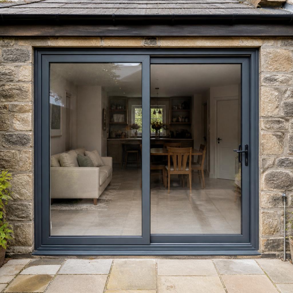 Anthracite grey uPVC sliding patio door on a Morningside rear extension.