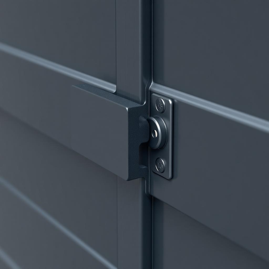 Close-up of a resprayed anthracite sectional garage door hinge and handle detail.