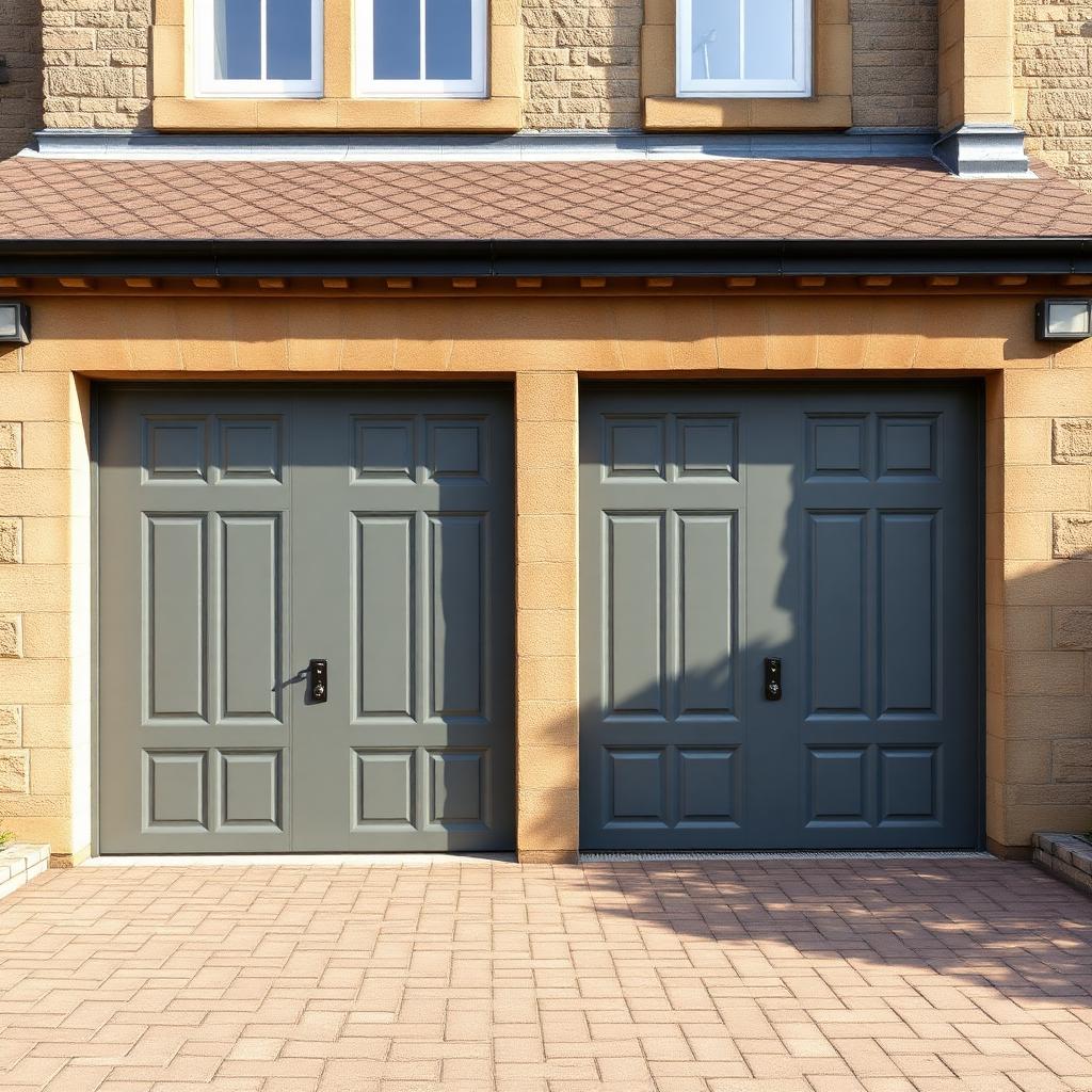Twin single garage doors resprayed in anthracite grey on an Edinburgh sandstone home.