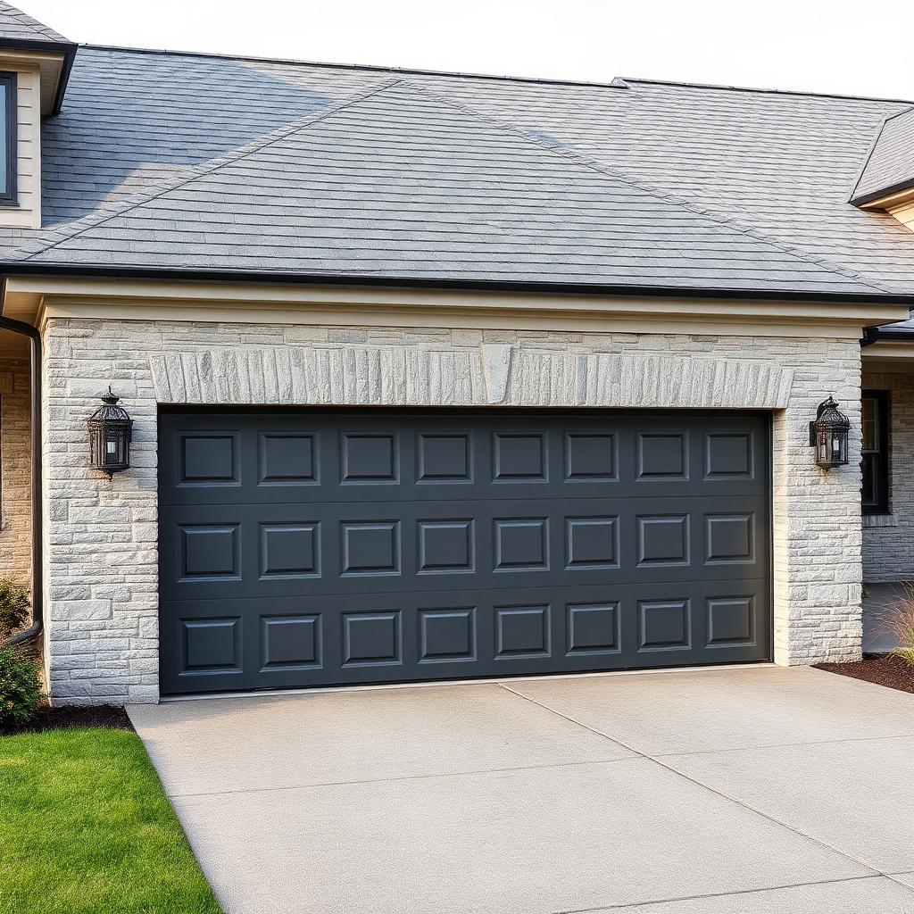 Slate grey sectional garage door on an Aberdeen granite home.