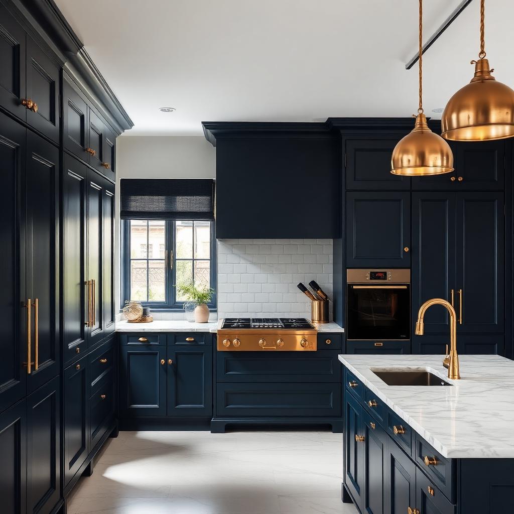 Deep navy blue shaker kitchen with brass hardware in a Glasgow townhouse.