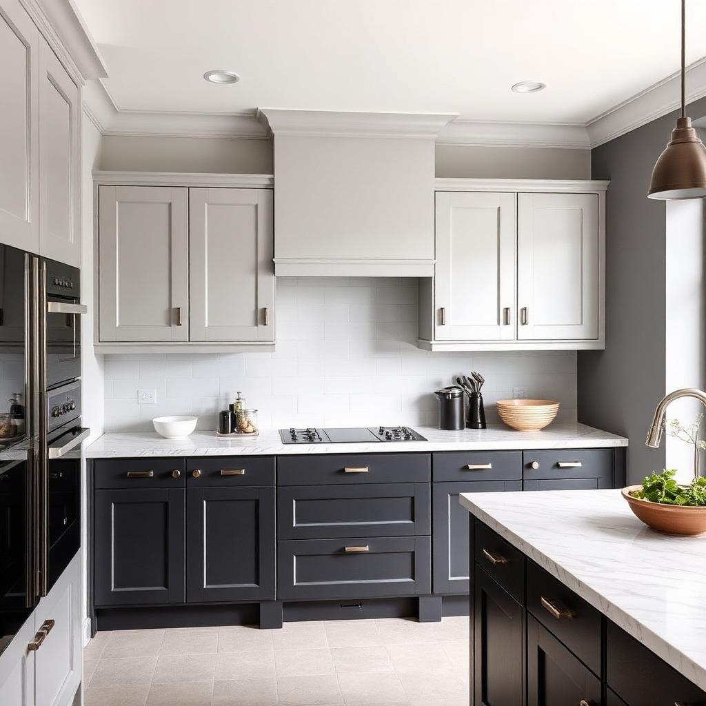 Two-tone kitchen with pale grey wall units and charcoal base units.