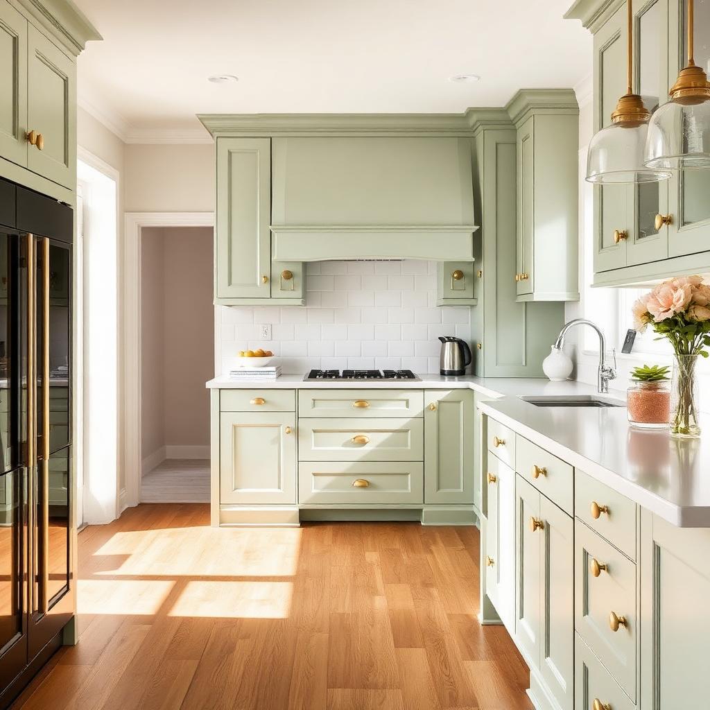 Soft sage green shaker kitchen with brass hardware and oak flooring.