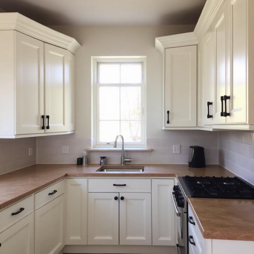 Warm off-white shaker kitchen with black hardware and natural stone worktops.