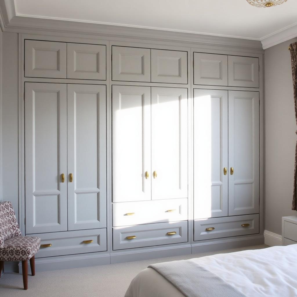 Fitted bedroom wardrobes sprayed in soft dove grey with brushed brass edge pulls.