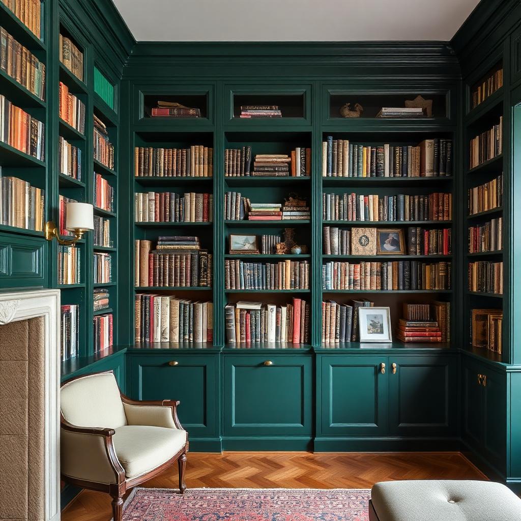 Home library with built-in bookcases sprayed in deep forest green.