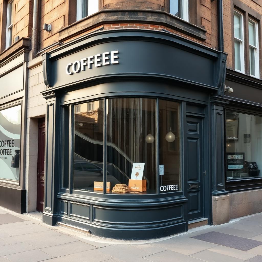 Anthracite grey resprayed coffee shop shopfront on a Glasgow West End sandstone tenement.