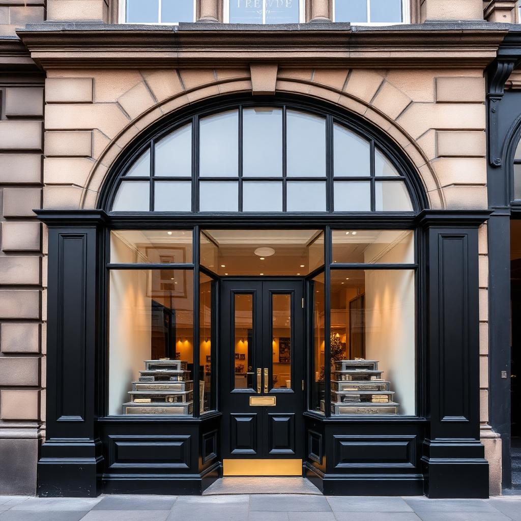 Jet black boutique shopfront with polished brass detail on an Edinburgh New Town sandstone building.