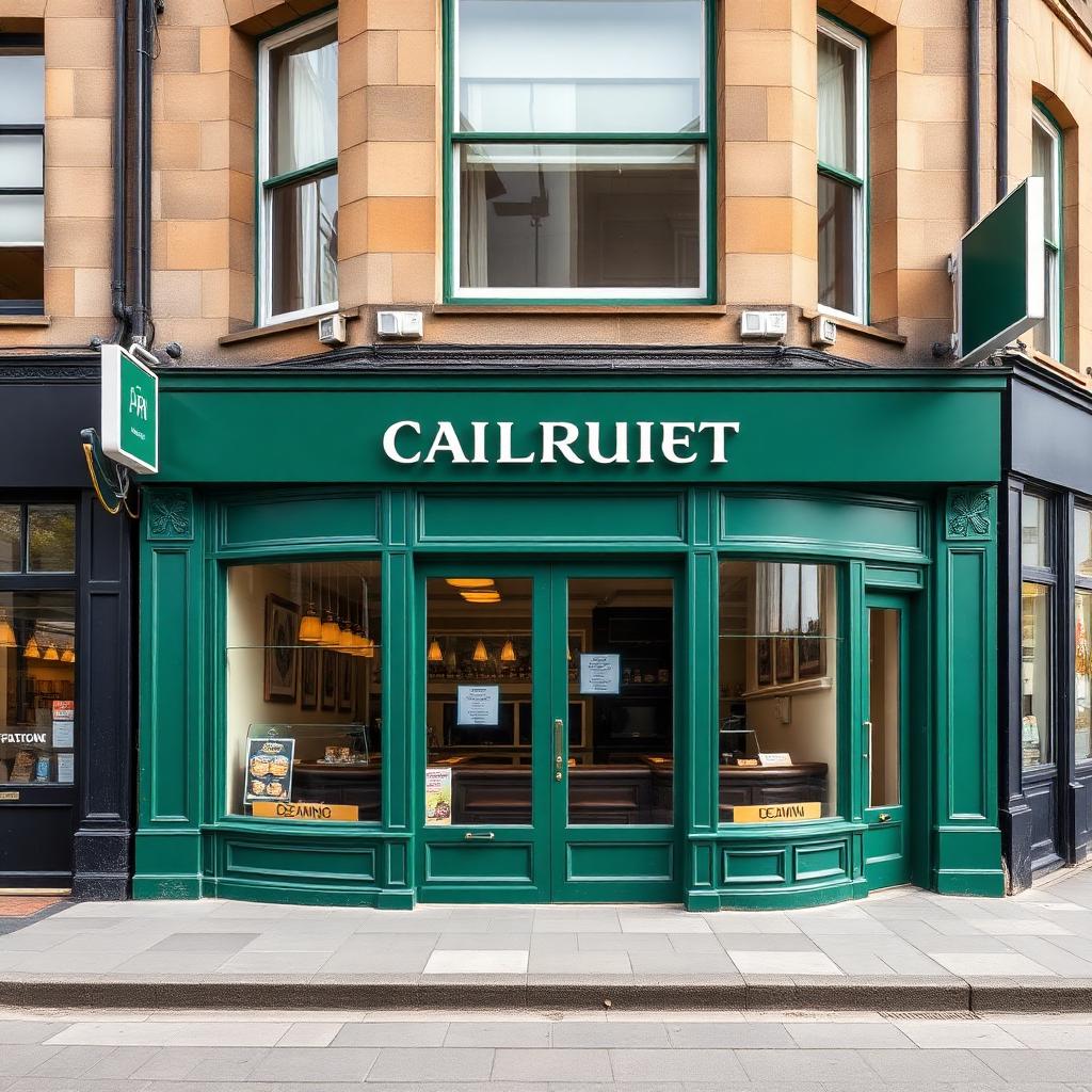 Bottle green restaurant shopfront on a Glasgow tenement.