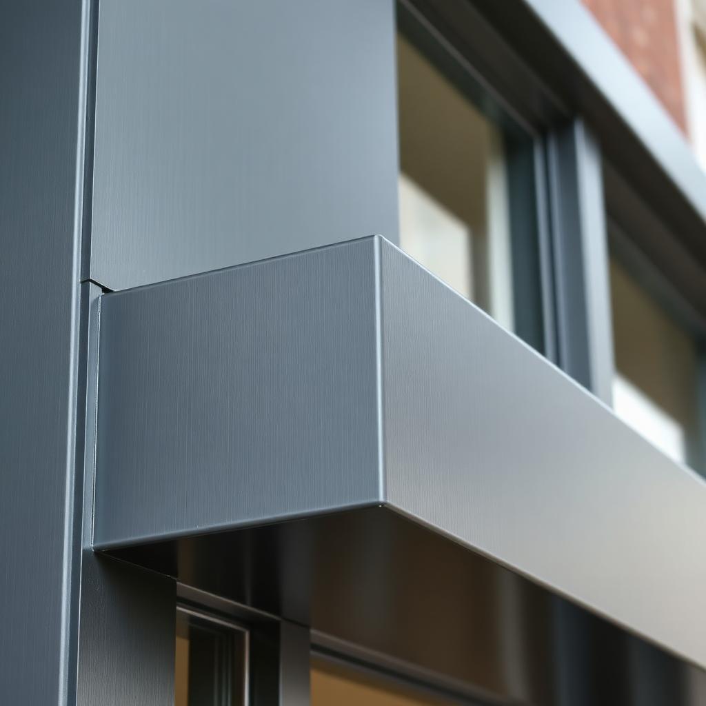 Close-up of a resprayed anthracite grey aluminium shopfront corner and fascia joint.