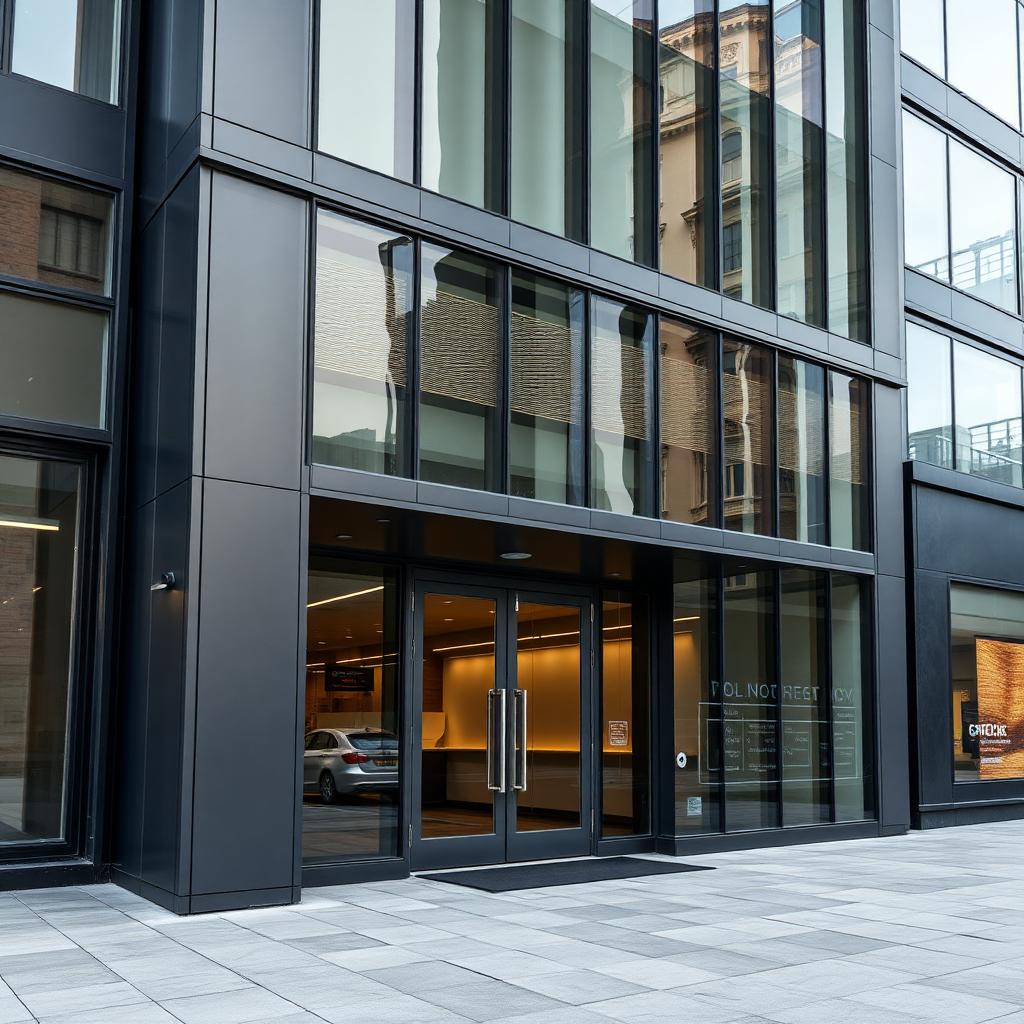 Resprayed anthracite grey commercial office entrance with aluminium curtain walling in Glasgow city centre.