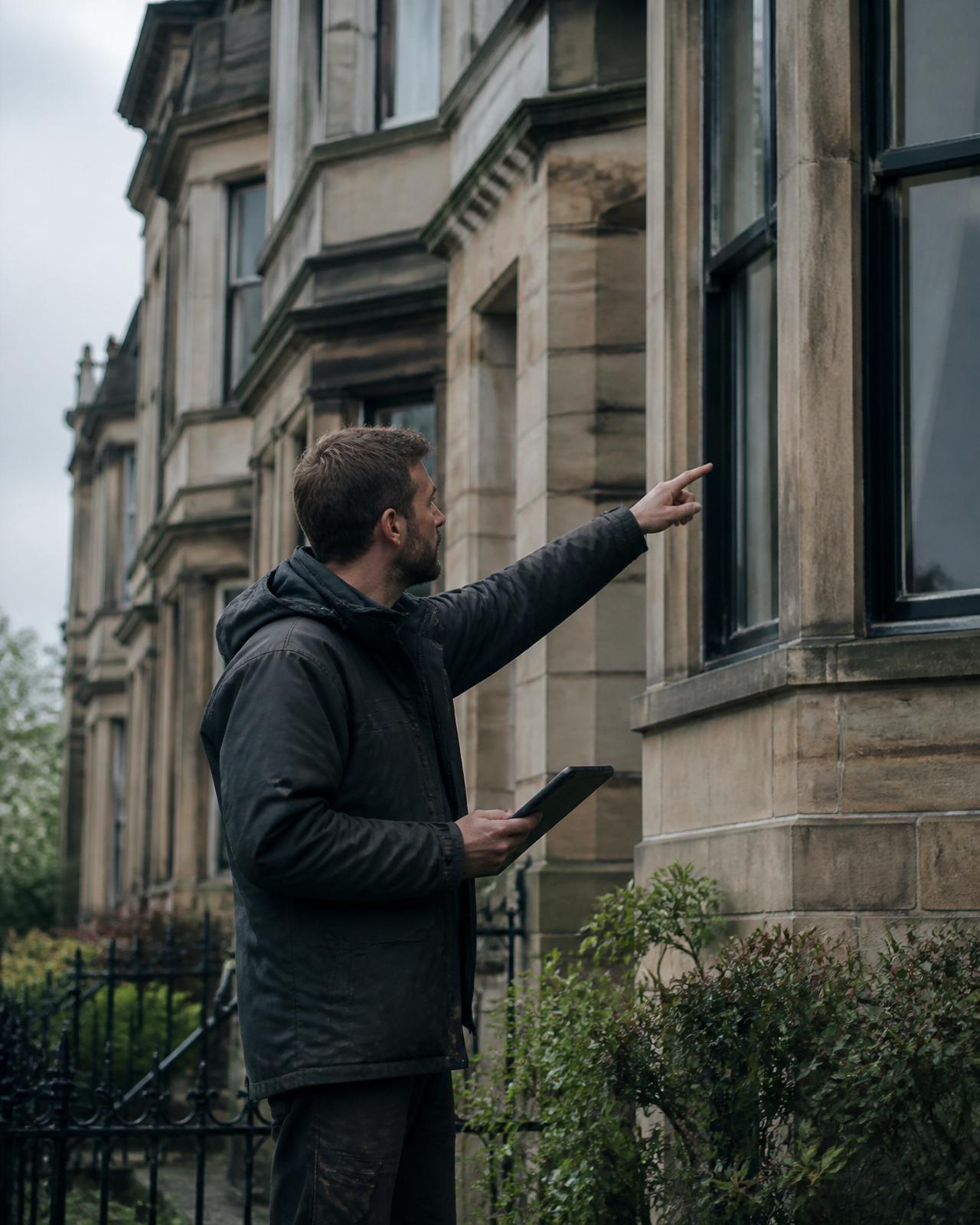Surveyor with tablet inspecting a bay window on a Glasgow sandstone home.