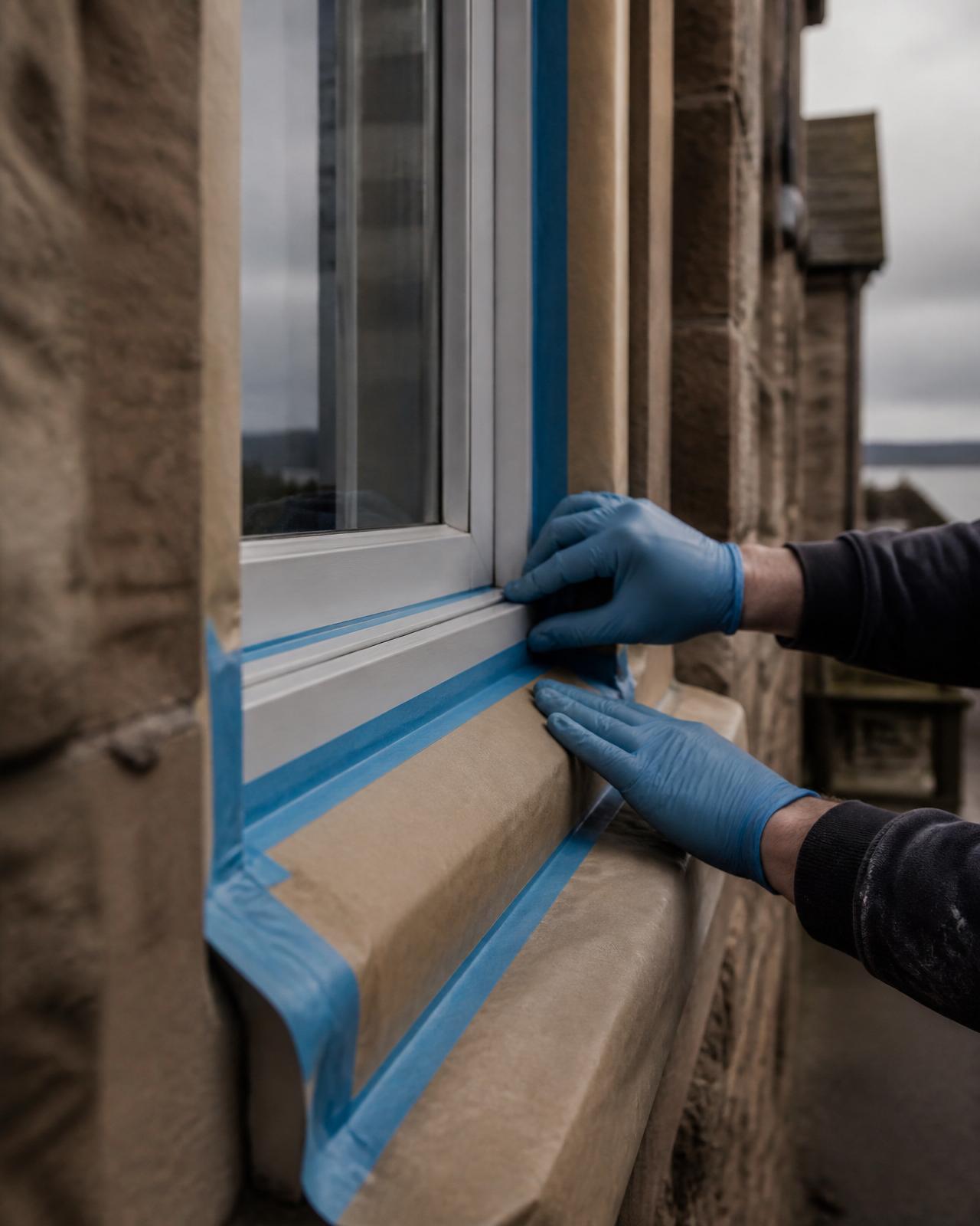 Gloved hands masking a uPVC window frame with blue painter's tape.