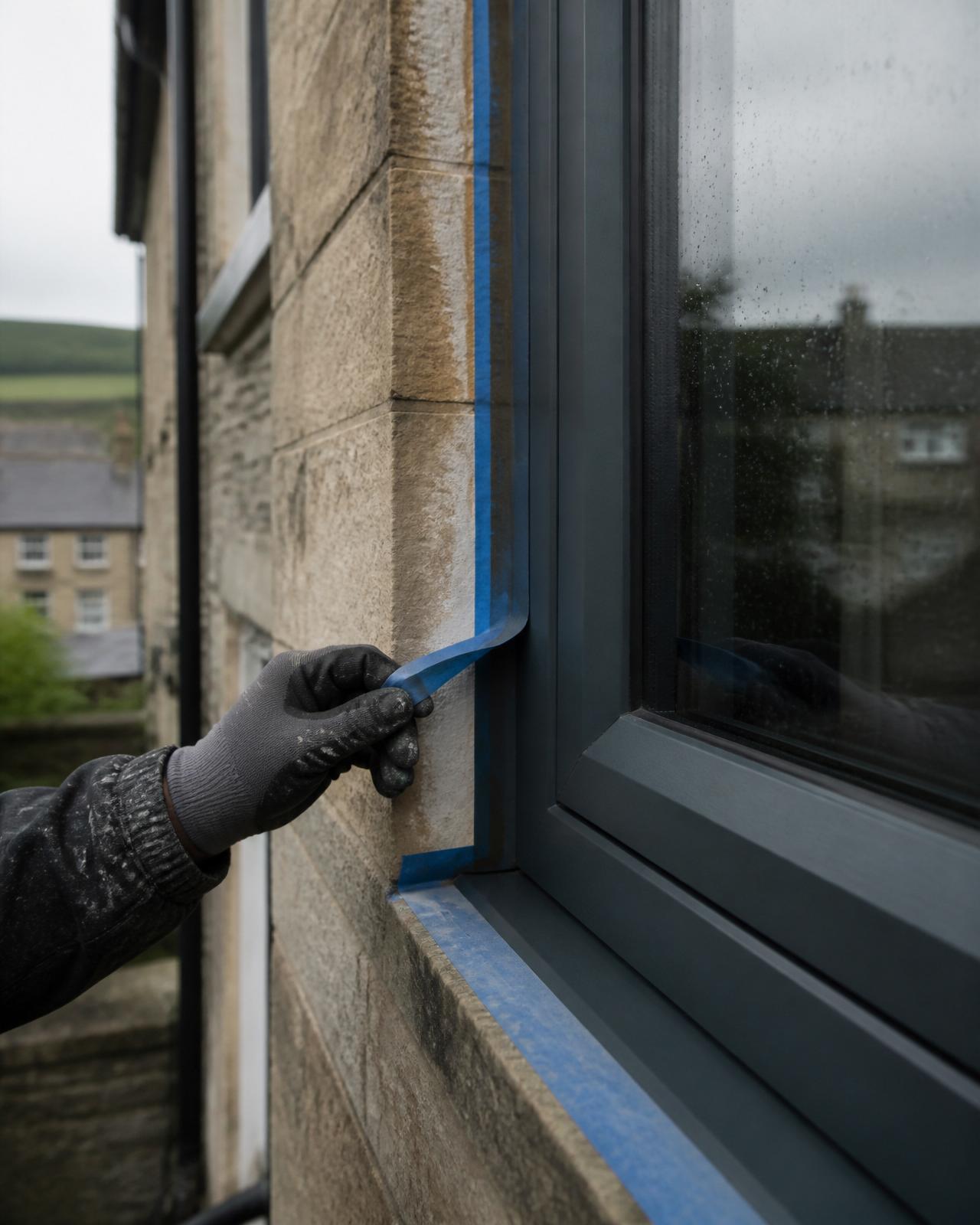 Freshly sprayed anthracite grey window frame being unmasked.