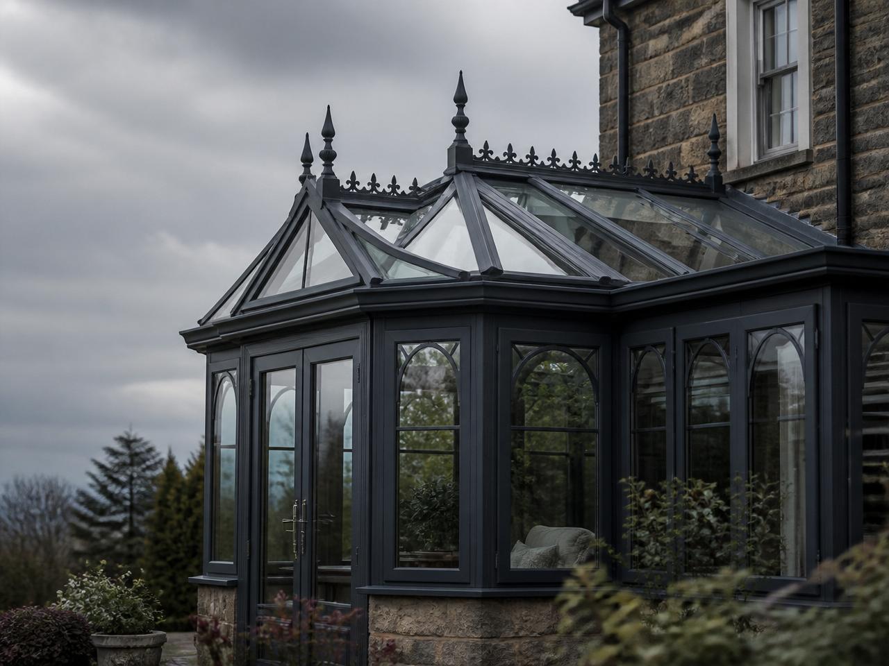 Victorian-style conservatory resprayed in anthracite grey