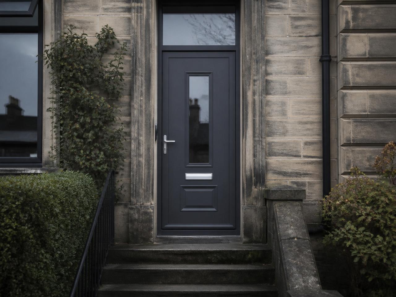 Freshly sprayed anthracite uPVC front door on a Glasgow townhouse