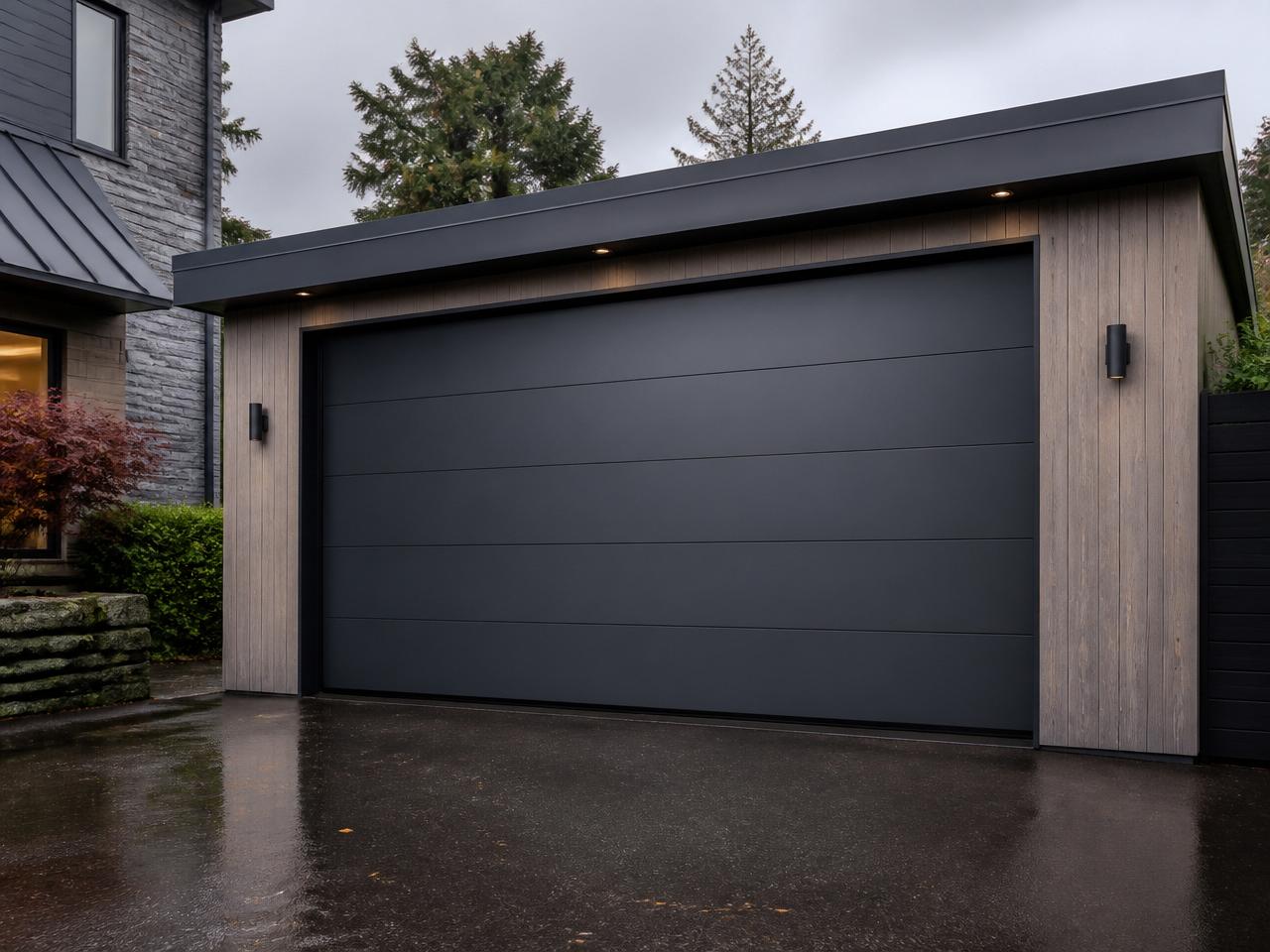 Sectional garage door resprayed in anthracite grey