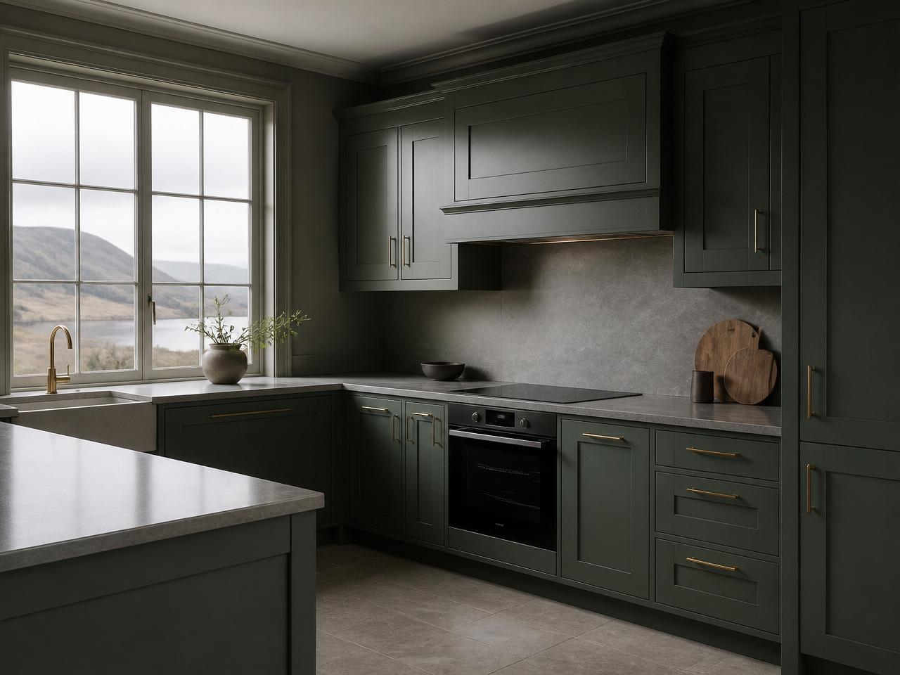 Shaker kitchen cabinets freshly sprayed in deep sage green with brushed brass hardware.
