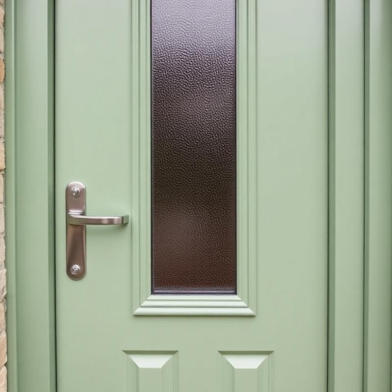 Resprayed sage green uPVC back door with obscure glass panel.