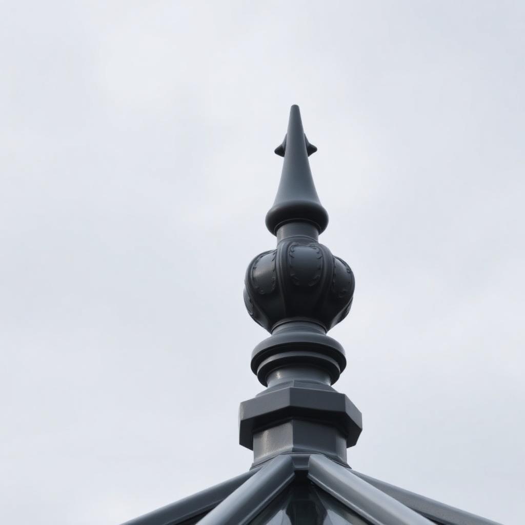 Ornate resprayed anthracite grey uPVC conservatory finial detail.