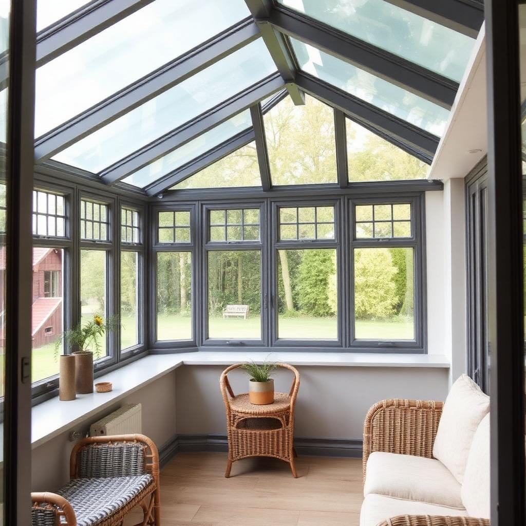 Interior view of a Scottish conservatory with resprayed anthracite grey uPVC frames.