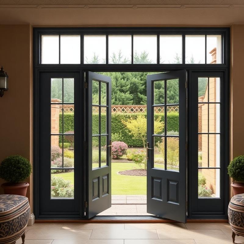 Resprayed anthracite grey uPVC French doors opening onto a garden.