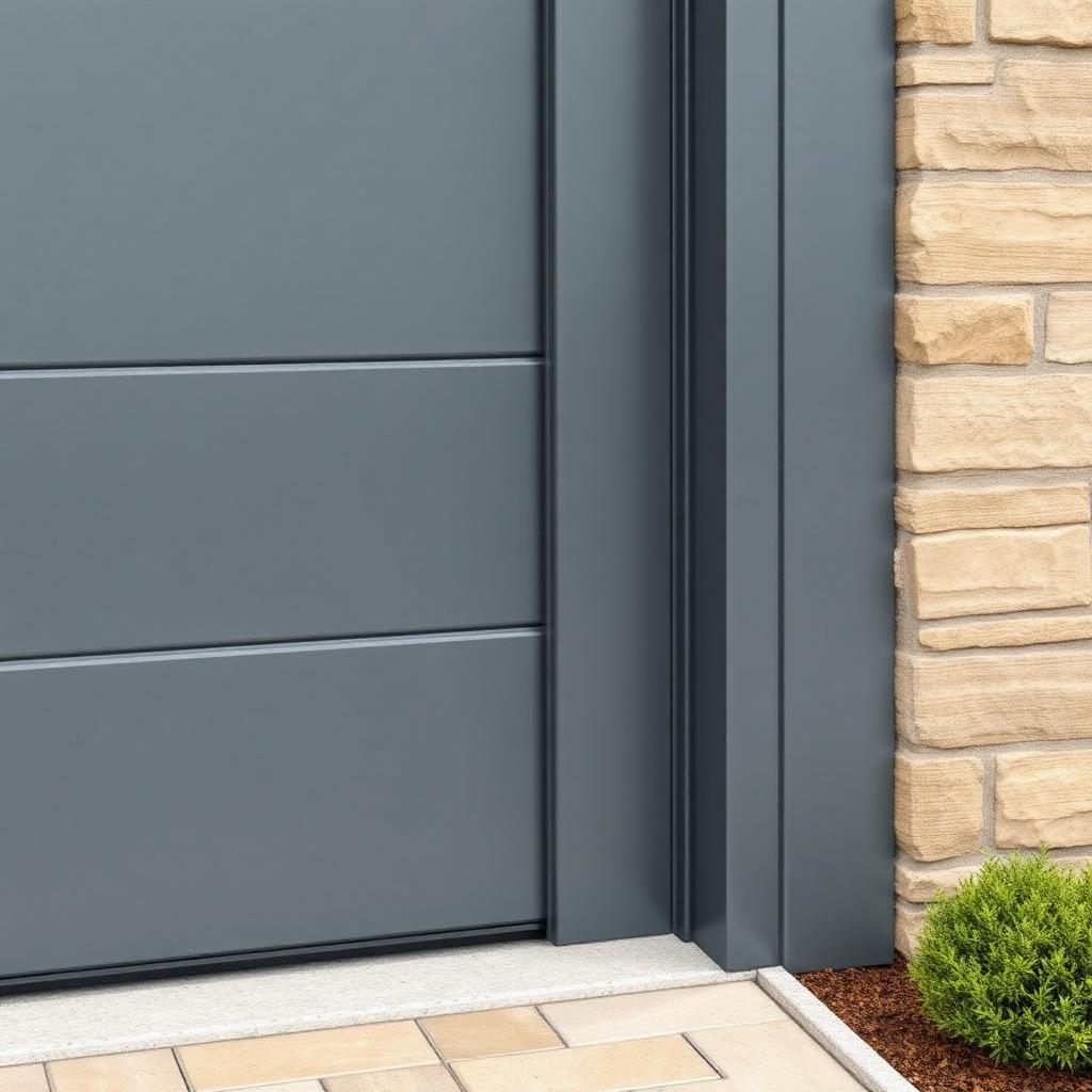 Close-up of a resprayed anthracite grey garage door frame against sandstone.