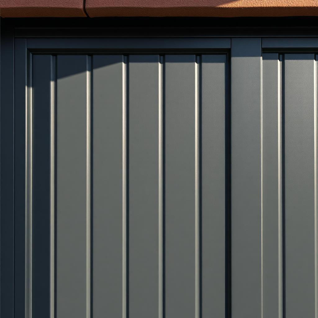 Close-up of a resprayed anthracite grey ribbed up-and-over garage door.
