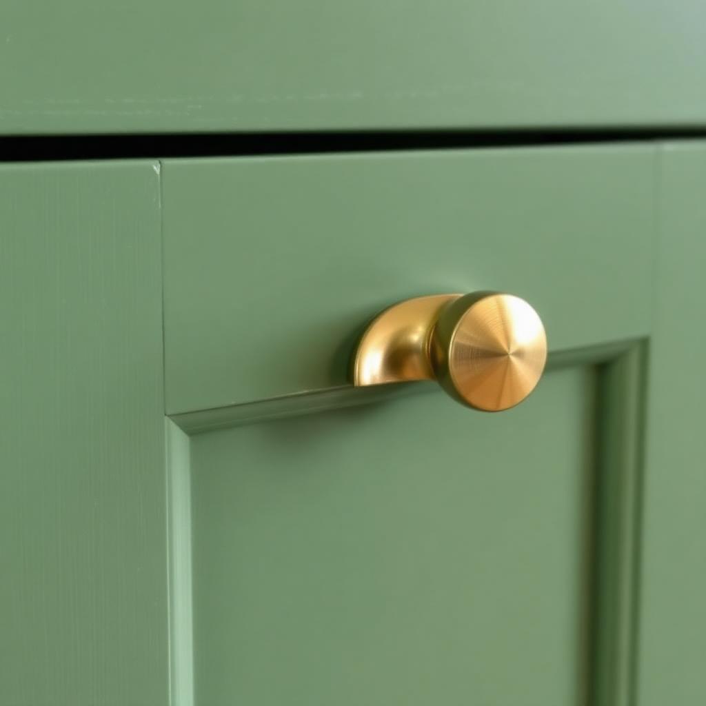 Close-up of a shaker cabinet door freshly sprayed in deep sage green with a brushed brass knob.