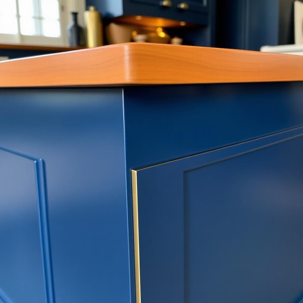 Close-up of a kitchen island end panel freshly sprayed in deep navy blue with a brushed brass detail.