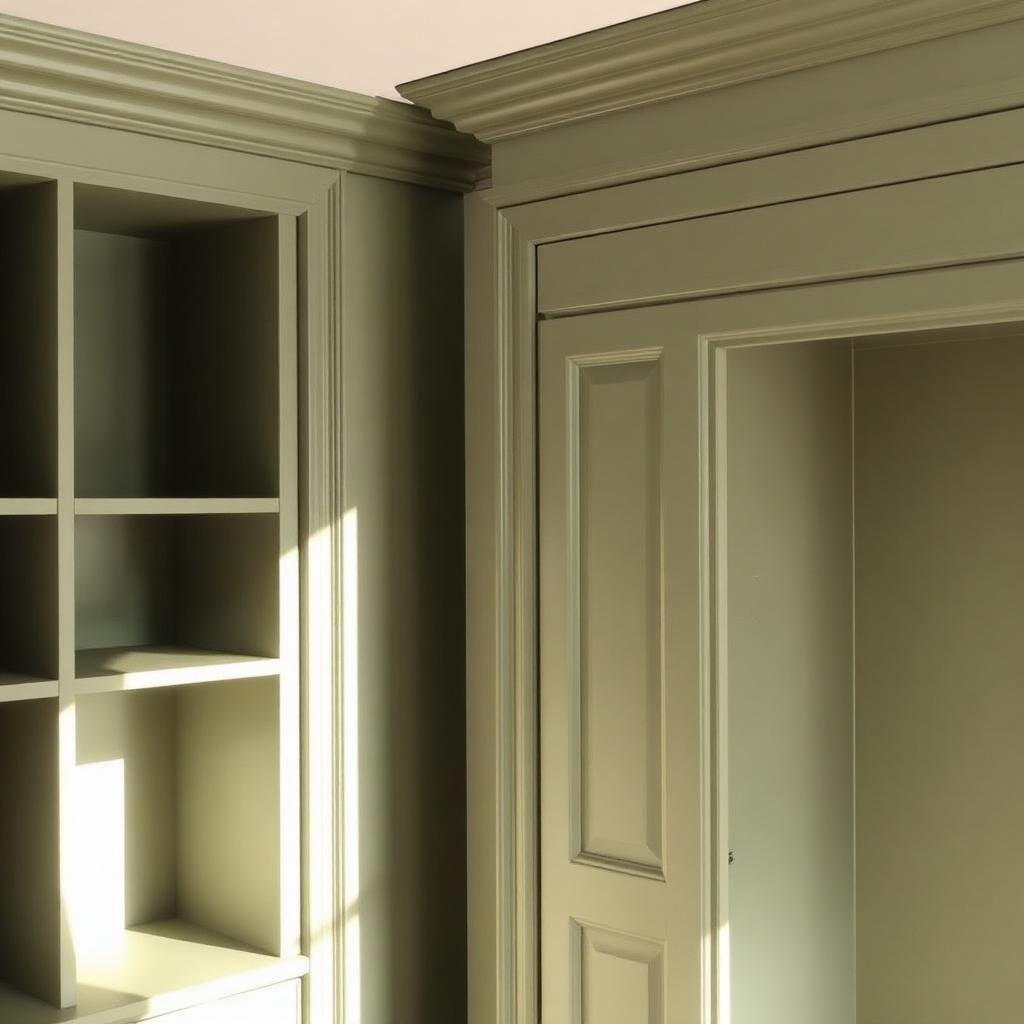 Close-up of interior joinery, a built-in bookcase and cabinet sprayed in soft muted green.