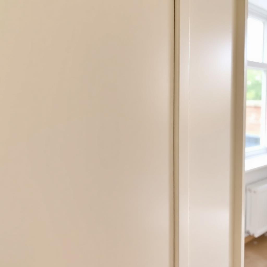 Close-up of a fitted wardrobe door freshly sprayed in warm off-white.