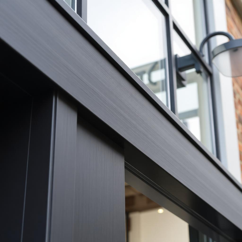 Close-up of a resprayed anthracite grey aluminium composite cladding panel.