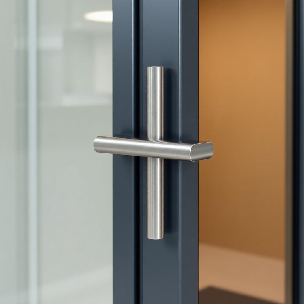 Close-up of a resprayed anthracite grey commercial aluminium entrance door with stainless push bar.